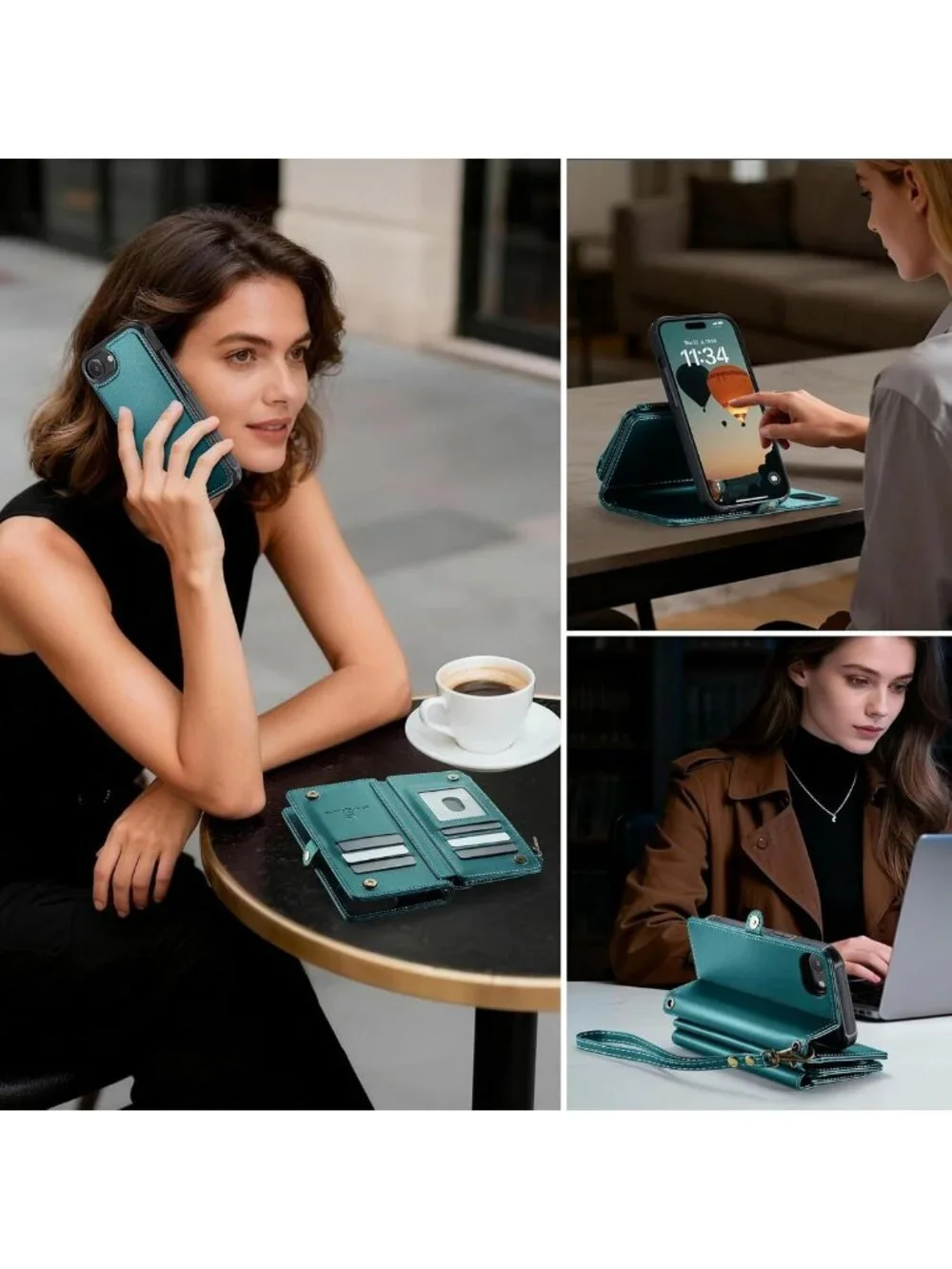 Magnetic Wallet Phone Case for iPhone 17e/16e - Stylish Blue Green Strap Case